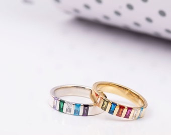 10K Gold Baguette Birthstone Rings, 14K Gold Family Multi Birthstone Ring, Best Gift For Mothers, Personalized Gifts, Best Mother's Day Gift