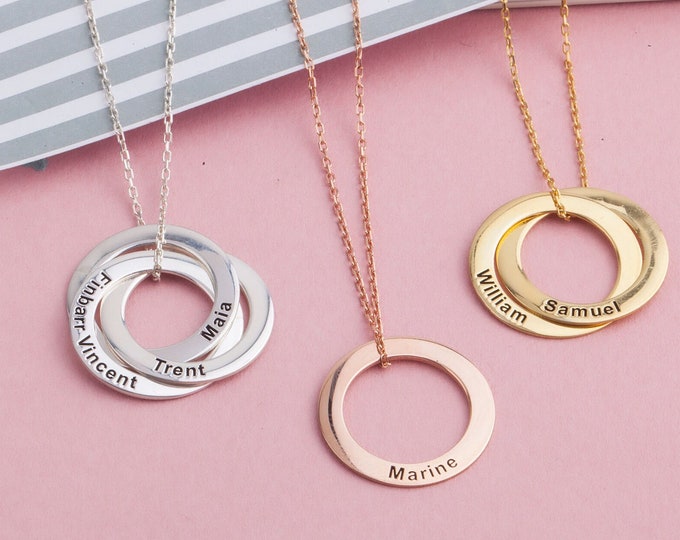 Family Name Necklace, Engraved Circle Pendant, Personalized Gift For Mothers