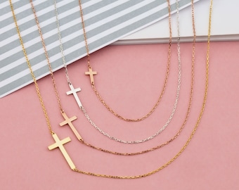 14K Gold Sideways Cross Necklace, Sterling Silver Religious Jewelry