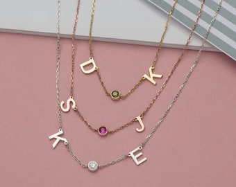 Sterling Silver Letter Birthstone Necklace, 14K Gold Name Initial Necklace, Moms Gift, Custom Made Jewelry For Women, Best Mother's Day Gift