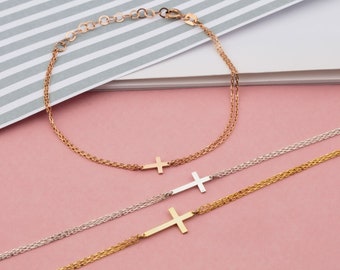 14K Gold Cross Bracelet, Dainty Gold Crucifix Bracelet, Religious Jewelry, Silver Charm Cross Bracelet, Gift For Mom, Best Mother's Day Gift