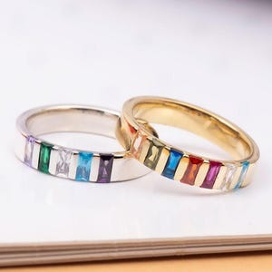 10K Gold Baguette Birthstone Ring, Personalized Gift, Family Birthstone Ring For Mother, Custom Ring For Grandmother, Best Gift For Mothers