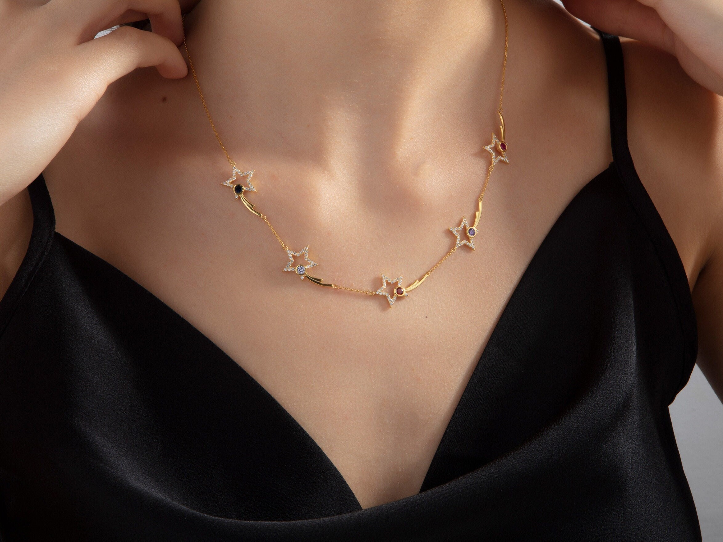 Solid Gold Birthstone Necklaces, 14K Gold Comet Star Necklace, Custom Made Birthstone Jewelry For Mom, Star Pendants, Best Gift For Mothers