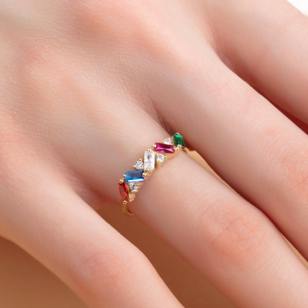 Anillo baguette con piedra natal en oro de 14 quilates, anillo familiar personalizado