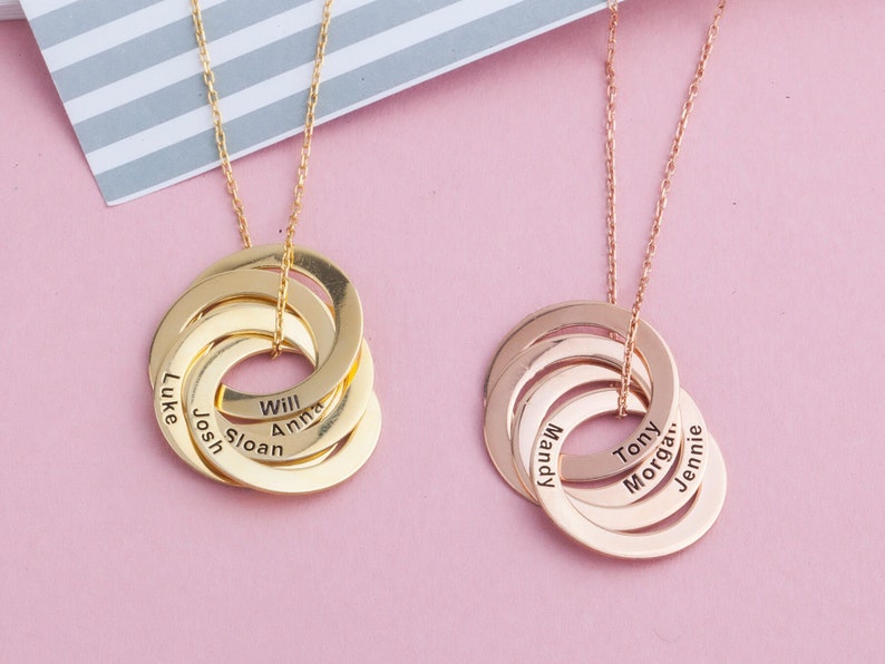 14K Gold Multi Circle Name Necklace, Silver Family Name Engraved Pendant, Custom Made Jewelry, Moms Personalize Gift, Best Mother's Day Gift image 3