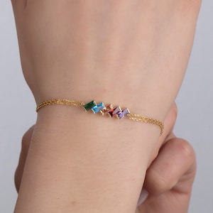 Unique Baguette Birthstone Bracelets, Birthday Gifts, Silver Birthstone Bracelet, 14K Gold Family Gemstone Bracelet, Best Mother's Day Gift image 2