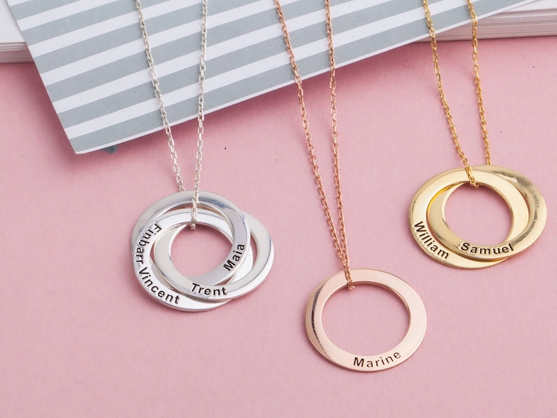 14K Gold Multi Circle Name Necklace, Silver Family Name Engraved Pendant, Custom Made Jewelry, Moms Personalize Gift, Best Mother's Day Gift 画像 1