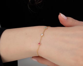 14K Gold Birthstone Bracelet, Personalized Family Jewelry