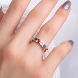 Initial Baguette Birthstone Ring, Personalized Gift For Mother, Family Birthstone Ring For Mom, Gift For Grandmother, Best Gift For Mothers