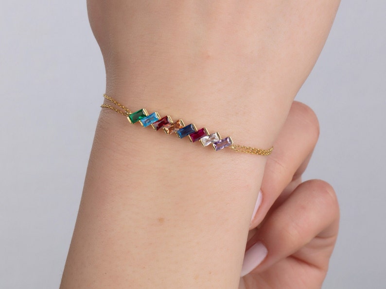 Unique Baguette Birthstone Bracelets, Birthday Gifts, Silver Birthstone Bracelet, 14K Gold Family Gemstone Bracelet, Best Mother's Day Gift image 4