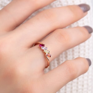 10K Gold Baguette Birthstone Rings, Personalized Birthday Gifts, Mothers Family Birthstone Ring, Custom Made Jewelry, Best Gift For Mothers