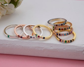 14K Gold Princess Birthstone Stackable Ring, Family Birthstone Rings For Mothers, 10K Gold Stacking Birthstone Rings, Best Mother's Day Gift