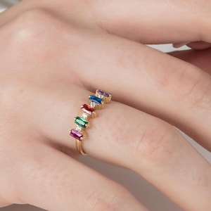 10K Gold Baguette Birthstone Rings, Personalized Gifts For Mom, 14K Baguette Gemstone Rings, Birthday Gift For Women, Best Gift For Mothers