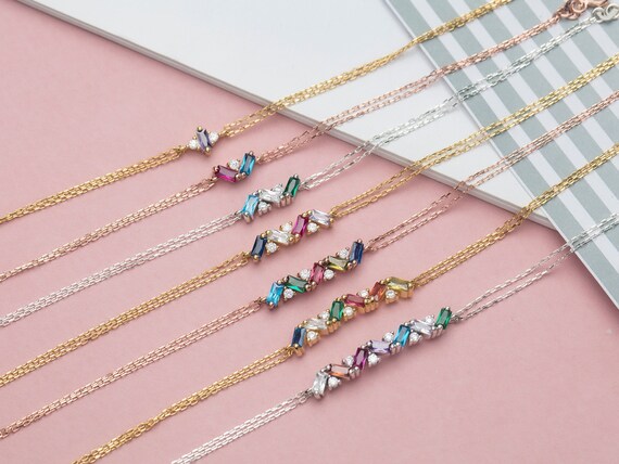 14K Gold Baguette Birthstone Bracelets Custom Made Family Birthstone Jewelry Personalized Silver Gemstone Bracelet Best Gifts For Mothers