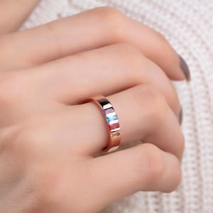 14K Gold Baguette Birthstone Rings, 10K Initial Birthstone Ring, Personalized Gifts, Custom Made Family Ring For Mom, Best Gift For Mothers