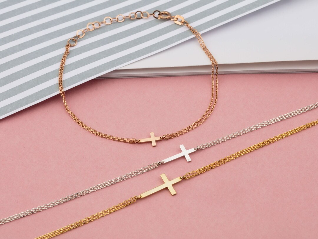 14K Gold Cross Bracelet, Dainty Gold Crucifix Bracelet, Religious