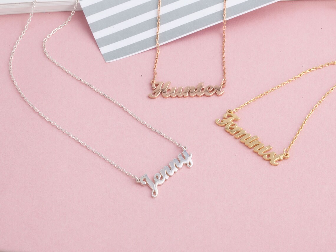 Solid Gold Name Necklace 14K Dainty Name Pendant Kid's Etsy