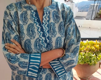 Tunique bio, tunique indigo, vêtements de villégiature, tunique d'été, cadeau de fête des mères, cadeaux pour elle, tunique d'été, kurti en coton, vêtements de plage, maillot de bain