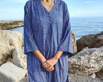 abito tunica di cotone, regali per lei, regalo per la festa della mamma, abito boho, abbigliamento da spiaggia, abbigliamento da resort, regalo postpartum per la mamma, tunica estiva, abito con stampa a blocchi