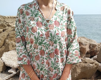 túnica de algodón, ropa de resort, vestido con estampado de bloques, regalos para ella, regalo del día de la madre, ropa de baño, ropa de playa, vestido boho, vestido de verano, regalo posparto para mamá