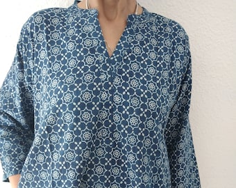 tunique en coton indigo, tenues de villégiature, vêtements d'intérieur, tunique biologique, tunique d'été, haut bohème, kurti indien, kurti en coton, tenue de bain,