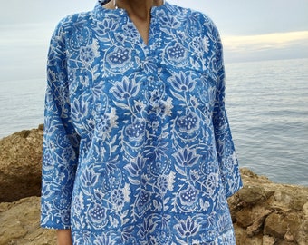 túnica de algodón, kurti indio, túnica con estampado de bloques, regalos para ella, ropa de resort, ropa de salón, ropa de playa, túnica, regalo posparto de mamá, túnica de verano, boho,