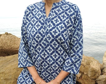 tunique en coton indigo biologique, tunique bohème, tunique d'été, kurti indienne, cadeaux pour elle, vêtements de plage, maillot de bain, tunique, cadeau post-partum, kurti bohème