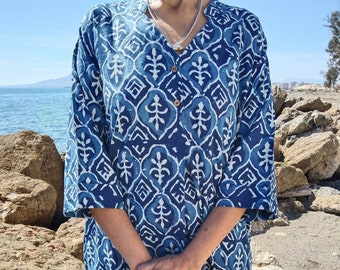 robe indigo, robe bio, tunique en coton, robe bohème d'été, cadeaux pour elle, cadeau fête des mères, cadeau post-partum pour maman, vêtements de plage, robe bohème,