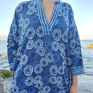 indigo Tunika,Baumwolltunika,Biotunika,Resort tragen,Baumwolltop,Sommertunika,Geschenke für Sie,Beachwear,Boho Tunika,