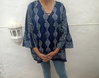 Túnica índigo, túnica de algodón, regalos para ella, ropa de resort, ropa de salón, túnica boho, túnica orgánica