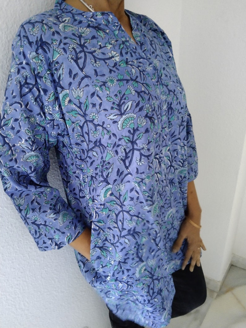 tunique en coton, kurti à imprimé bloc, cadeaux pour elle, tunique d'été, cadeau post-partum pour maman, tunique bohème, maillot de bain, image 3