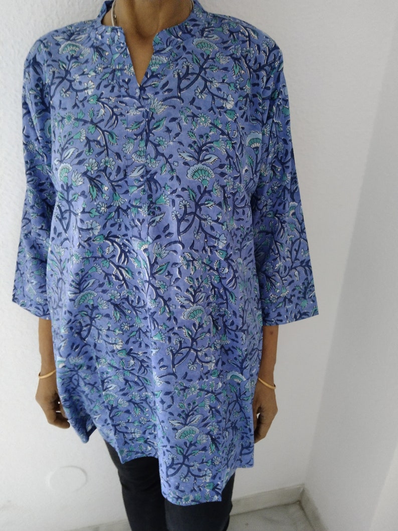 katoenen tuniek, blokprint kurti, cadeaus voor haar, zomertuniek, moeder postpartum cadeau, boho tuniek, zwem cover up, afbeelding 6