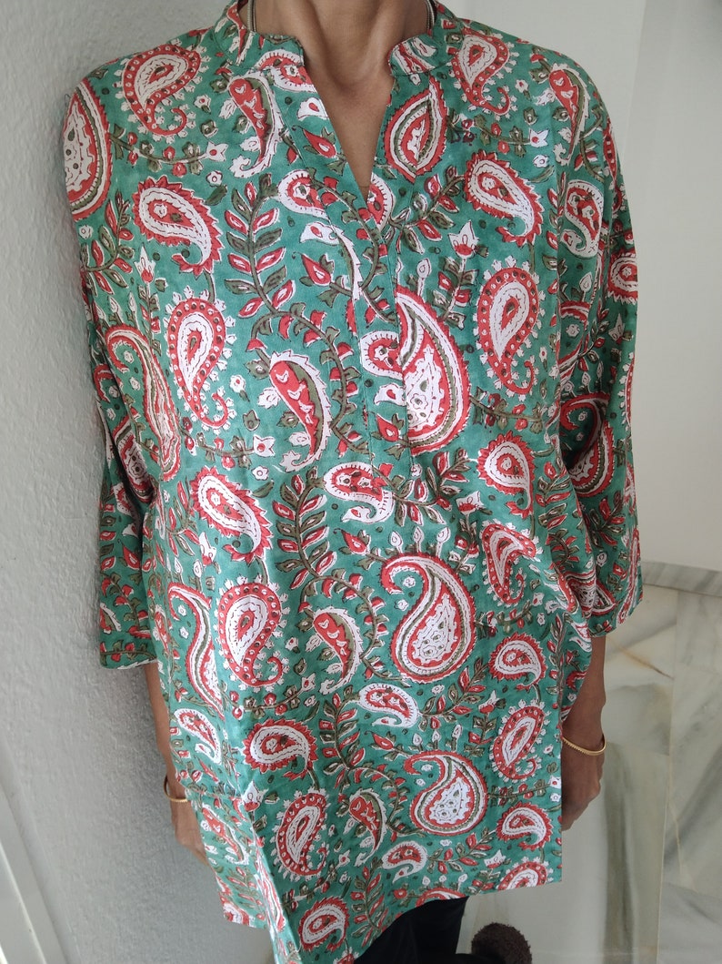 tunique cachemire verte, haut en coton, tunique d'été, vêtements de plage, tunique bohème, kurti indienne, kurti en coton, cadeau post-partum pour maman, image 4