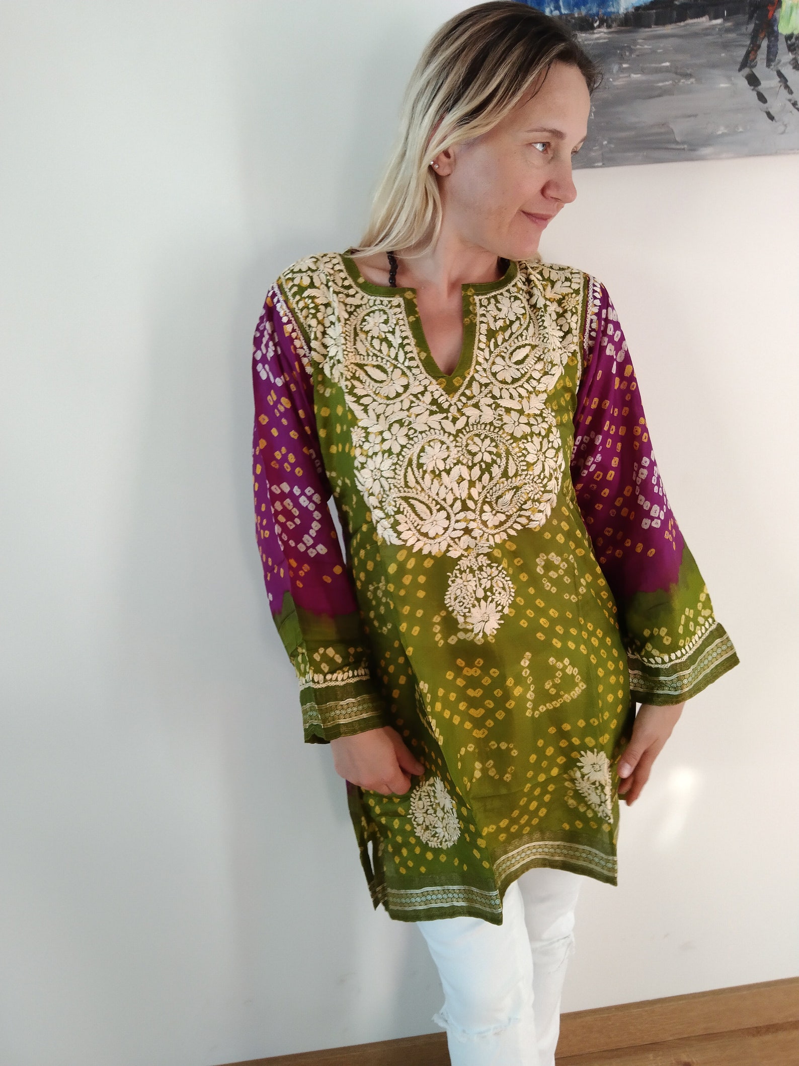 button down gather tunic - cosmopolitan sea & porcelain tulips
