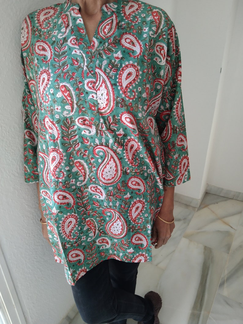 tunique cachemire verte, haut en coton, tunique d'été, vêtements de plage, tunique bohème, kurti indienne, kurti en coton, cadeau post-partum pour maman, image 8