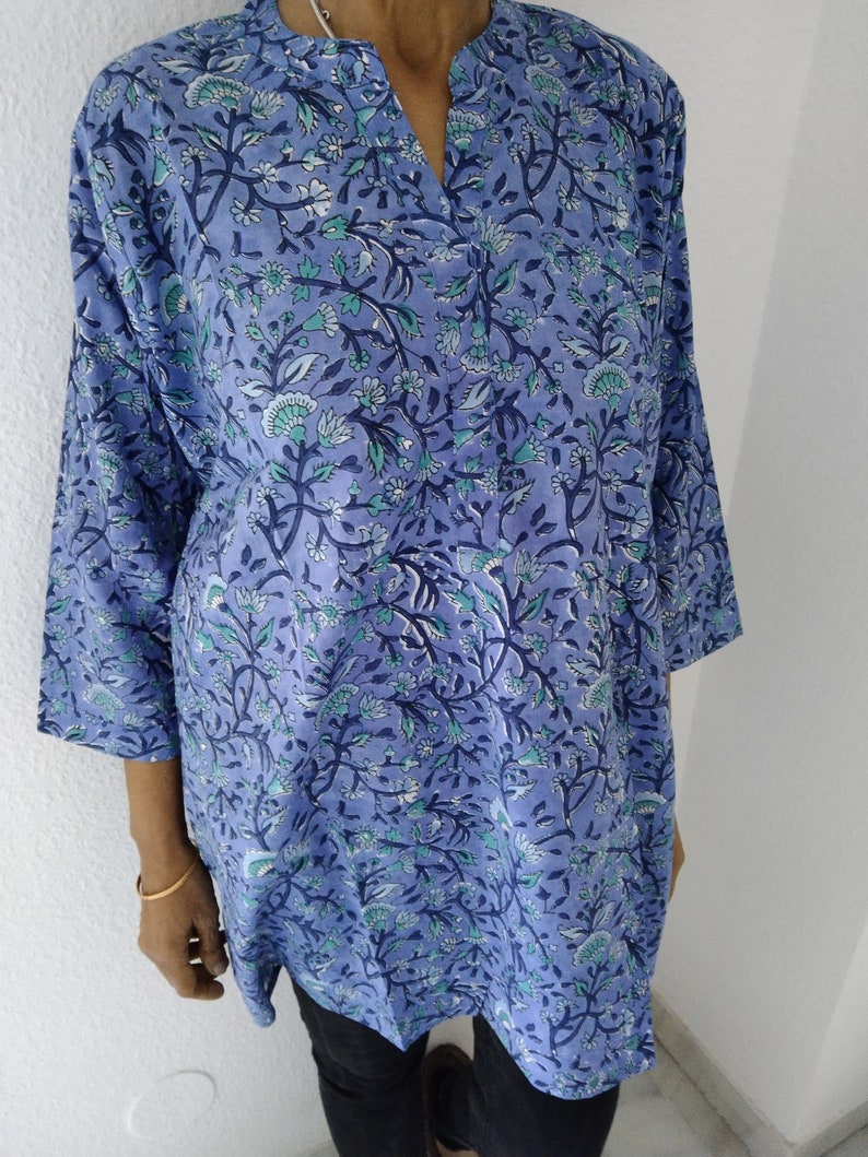 katoenen tuniek, blokprint kurti, cadeaus voor haar, zomertuniek, moeder postpartum cadeau, boho tuniek, zwem cover up, afbeelding 8