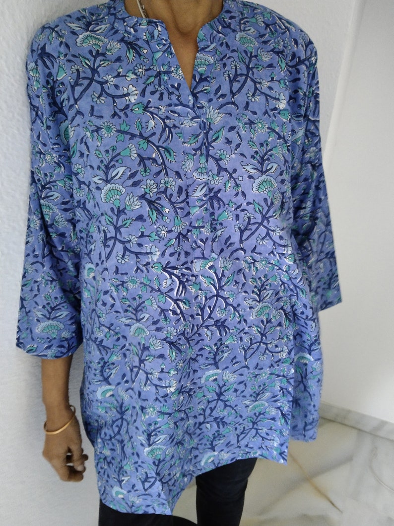 katoenen tuniek, blokprint kurti, cadeaus voor haar, zomertuniek, moeder postpartum cadeau, boho tuniek, zwem cover up, afbeelding 4