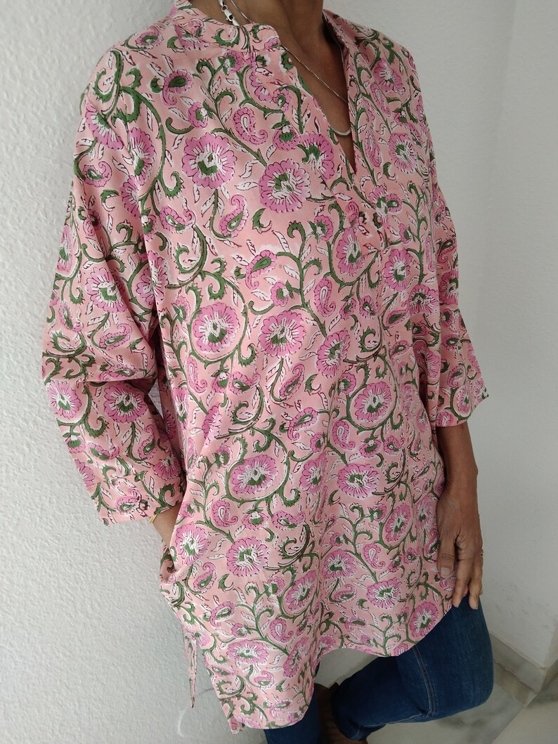 túnica con estampado en bloque, regalos para ella, ropa de resort, ropa de playa, cubierta para nadar, regalos para ella, regalo del día de la madre, kurti de algodón, regalo posparto para mamá, boho imagen 2