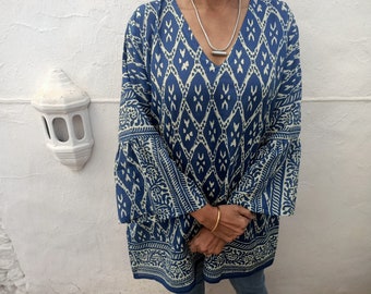Túnica orgânica, túnica índigo, túnica de algodão, roupa de resort, túnica boho