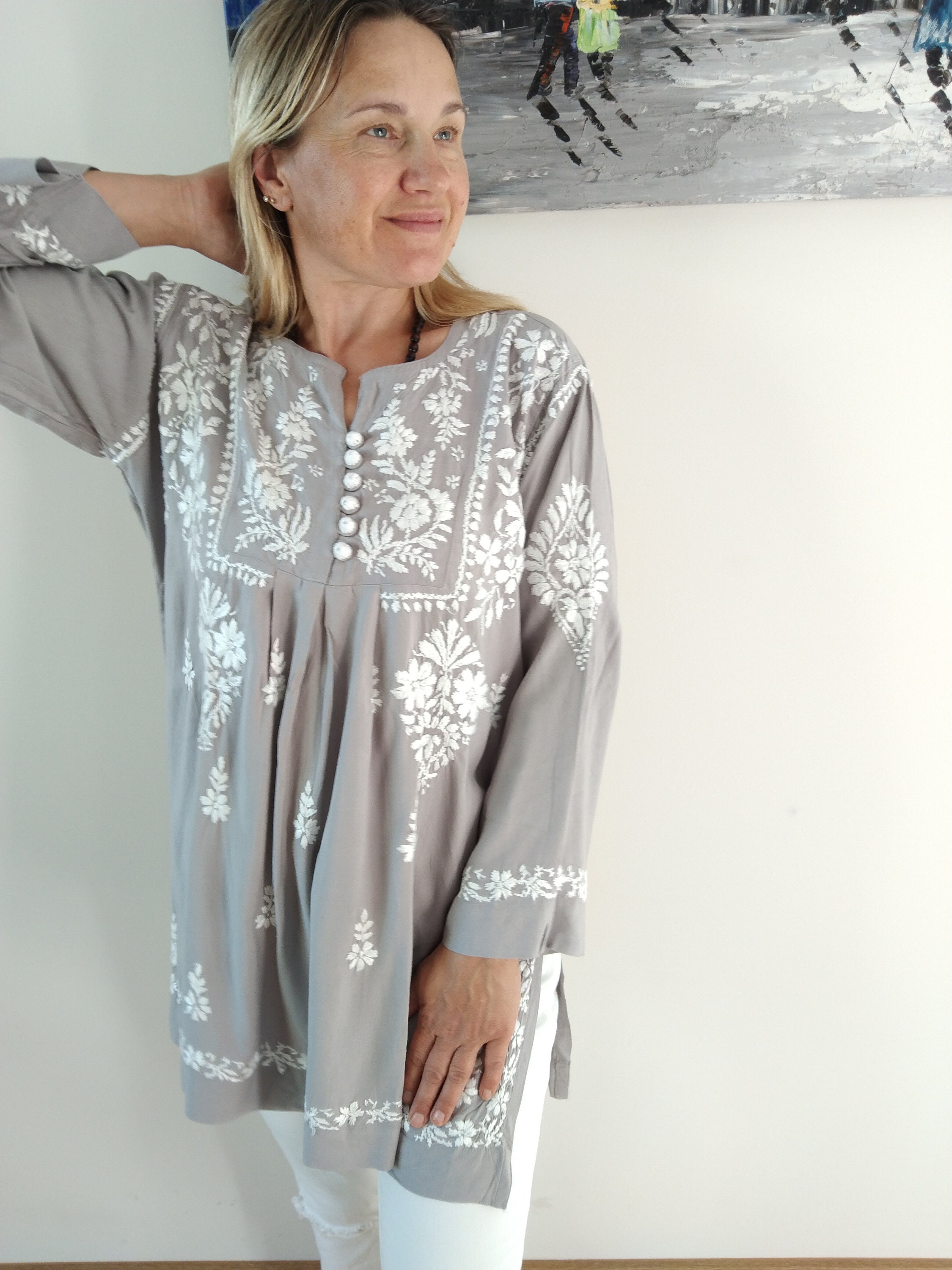 Tunique Bohème Brodée 100% Coton Pour Femmes - Taille Unique Plus (20-24) - Fabriquée En Italie
