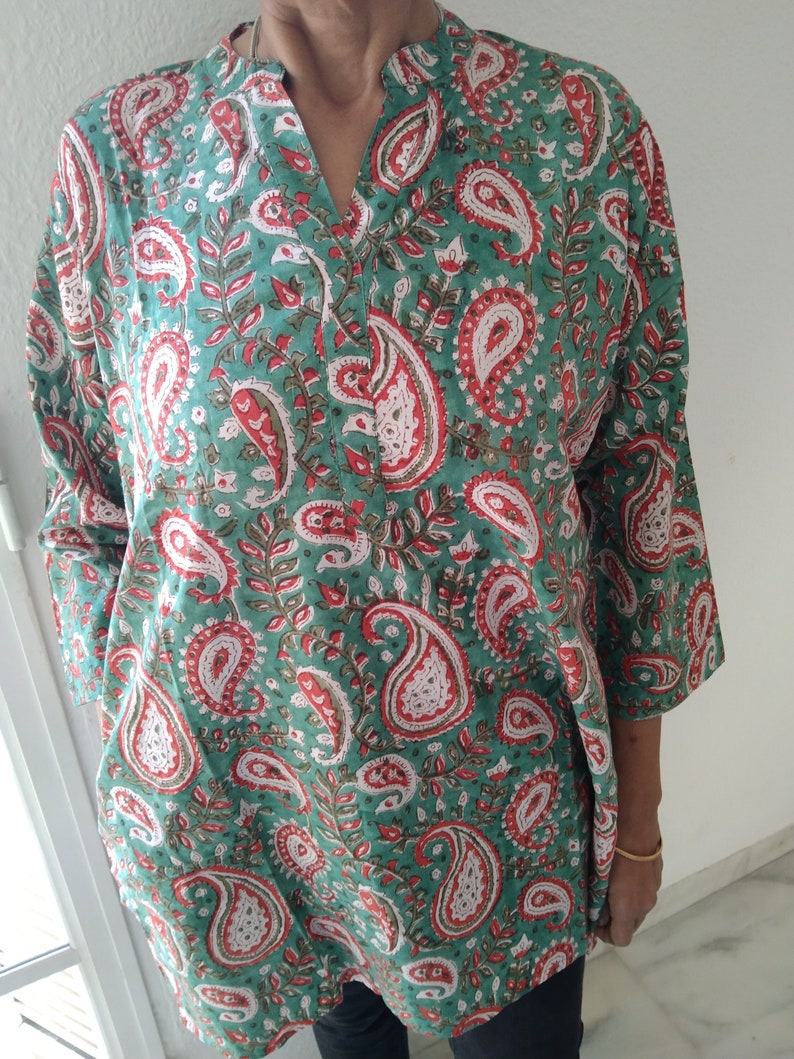 tunique cachemire verte, haut en coton, tunique d'été, vêtements de plage, tunique bohème, kurti indienne, kurti en coton, cadeau post-partum pour maman, image 1