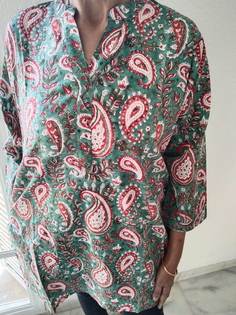 tunique cachemire verte, haut en coton, tunique d'été, vêtements de plage, tunique bohème, kurti indienne, kurti en coton, cadeau post-partum pour maman, image 5