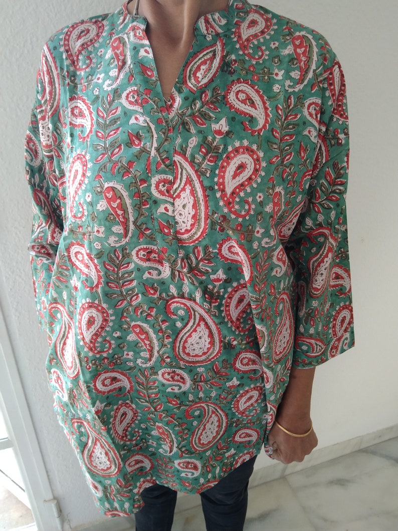 tunique cachemire verte, haut en coton, tunique d'été, vêtements de plage, tunique bohème, kurti indienne, kurti en coton, cadeau post-partum pour maman, image 6