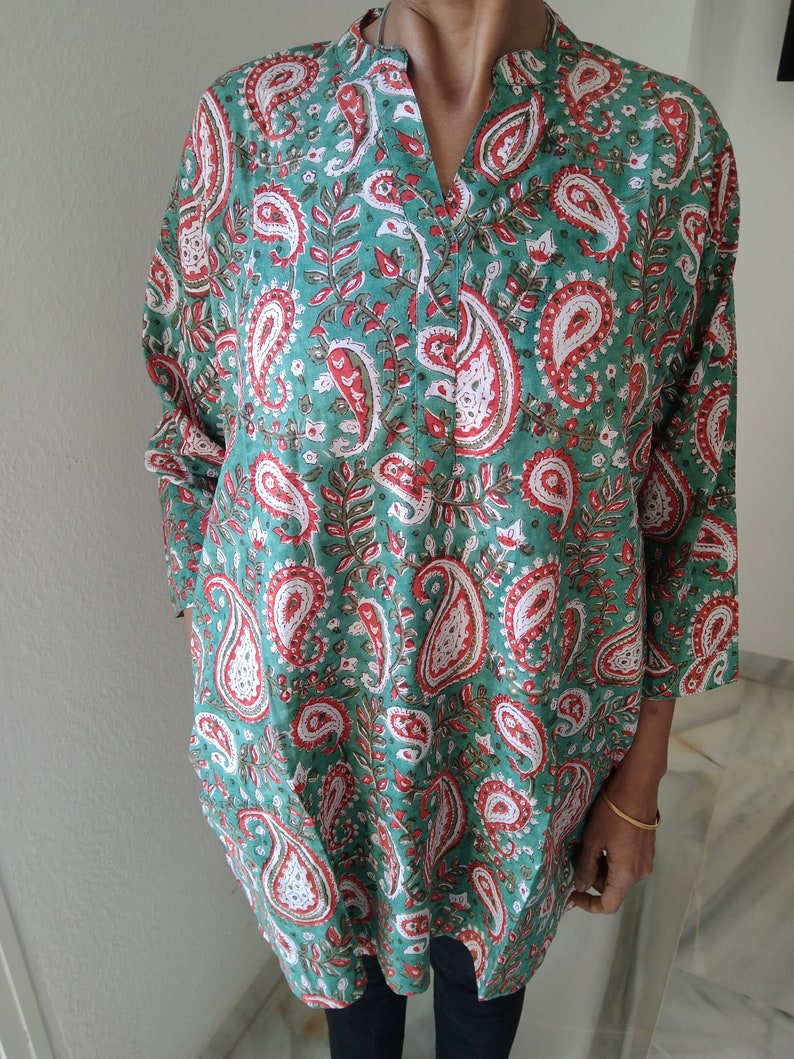 tunique cachemire verte, haut en coton, tunique d'été, vêtements de plage, tunique bohème, kurti indienne, kurti en coton, cadeau post-partum pour maman, image 3