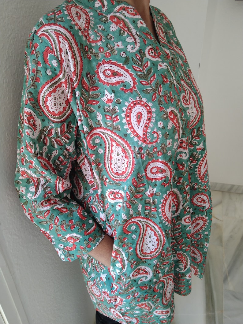 tunique cachemire verte, haut en coton, tunique d'été, vêtements de plage, tunique bohème, kurti indienne, kurti en coton, cadeau post-partum pour maman, image 2