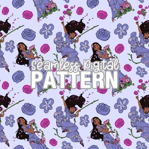 May include: Seamless digital pattern featuring a repeating design of a woman in a purple dress, surrounded by pink roses and blue floral elements. The woman is holding a flower and a green stem. The background is a light purple color.