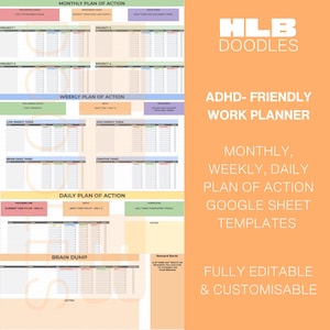 May include: A digital ADHD-friendly work planner template with monthly, weekly, and daily plans. The planner includes sections for projects, tasks, and a brain dump. The text "HLB DOODLES" is in the upper right corner. The planner is fully editable and customizable.