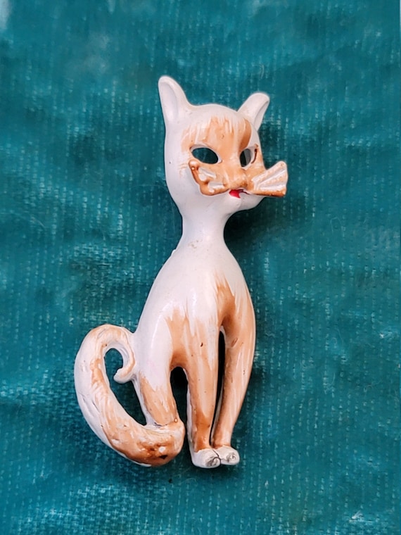 Enamel white and brown Cat Brooch