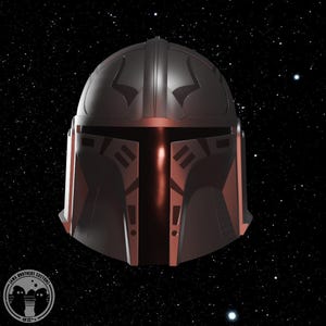 May include: A dark gray Mandalorian helmet with red accents, set against a starry background. The helmet features a T-shaped visor and detailed design elements, with the Jawa Brothers Customs logo in the lower left corner.
