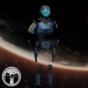 May include: A disassembled blue and black space suit with the text "EARTH GOV" on the chest piece. The suit is laid out on a brown and orange background.